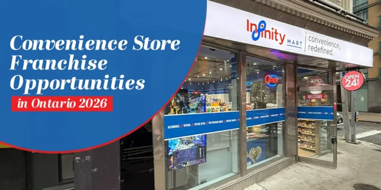 Infinity Mart convenience store franchise opportunity in Ontario 2026 — modern storefront open 24 hours.
