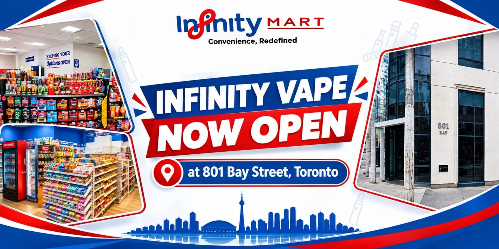 Infinity Vape now open at 801 Bay Street, Toronto – store interior and building entrance.
